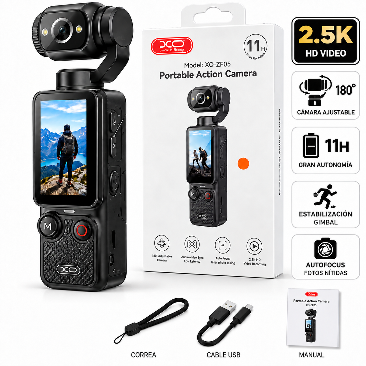 Cámara de Acción Portátil XO-ZF05 2.5K – Color Negra